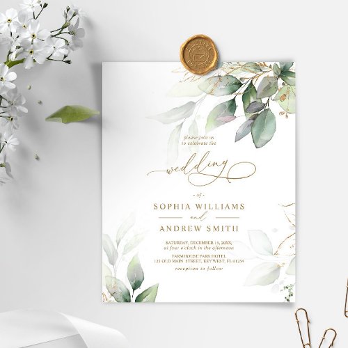 Budget Green  Gold Eucalyptus Wedding Invitation