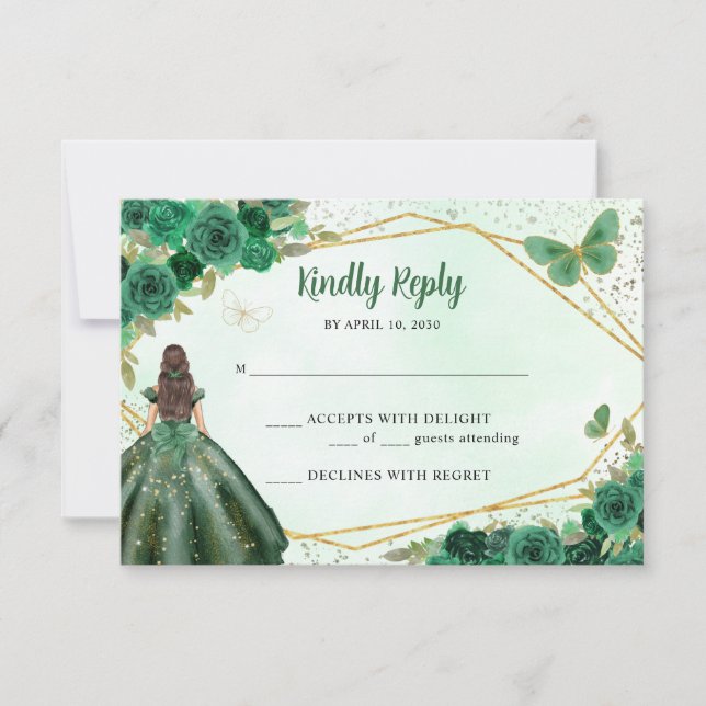 Budget Green Gold Floral Princess QR Code RSVP Note Card (Front)