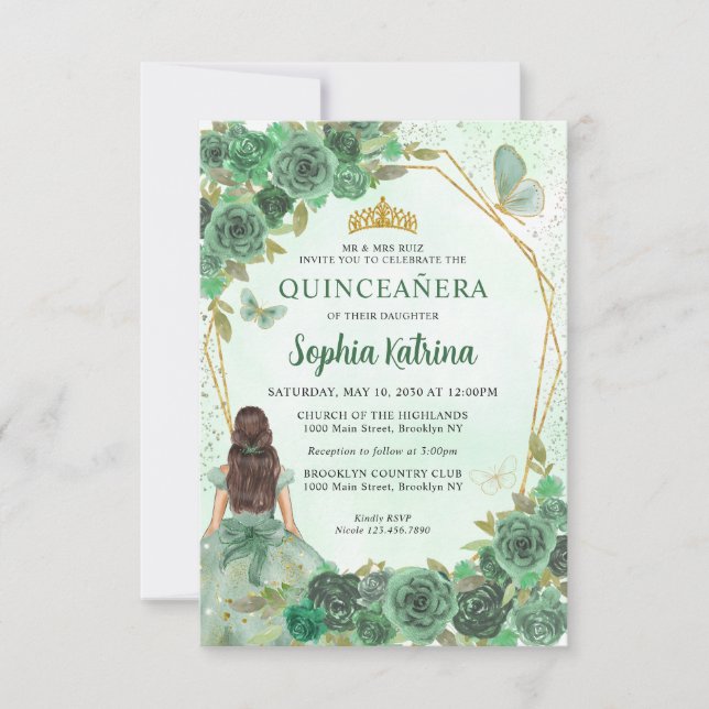 Budget Green Gold Floral Princess Quinceañera Note Card (Front)