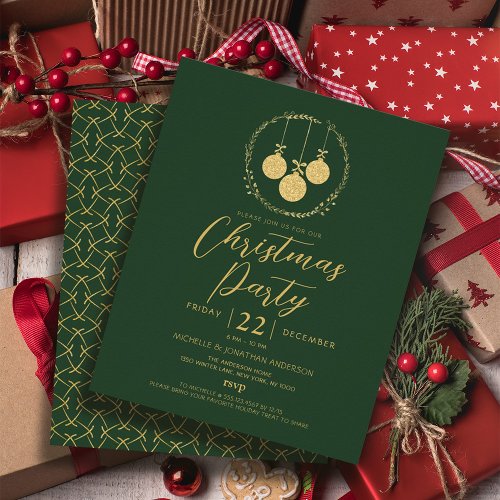 Budget Green Gold Glitter Christmas Invitation Flyer