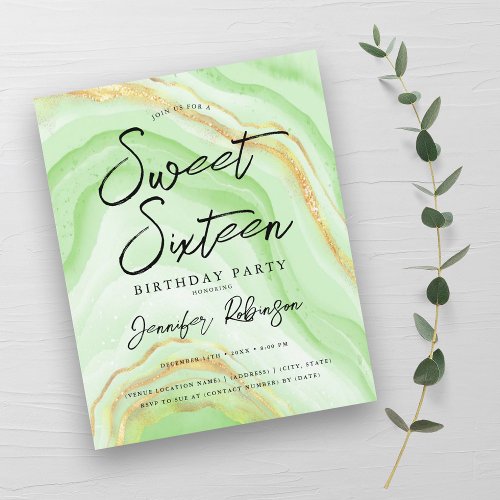 Budget Green Gold Glitter Marble Sweet 16 Invite 