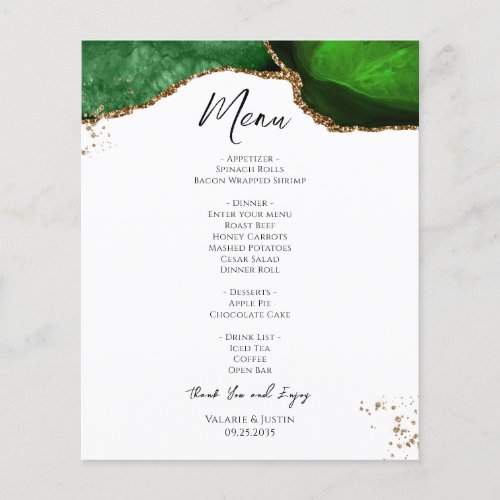 Budget Green Gold Glitter Marble Wedding Menu Flyer