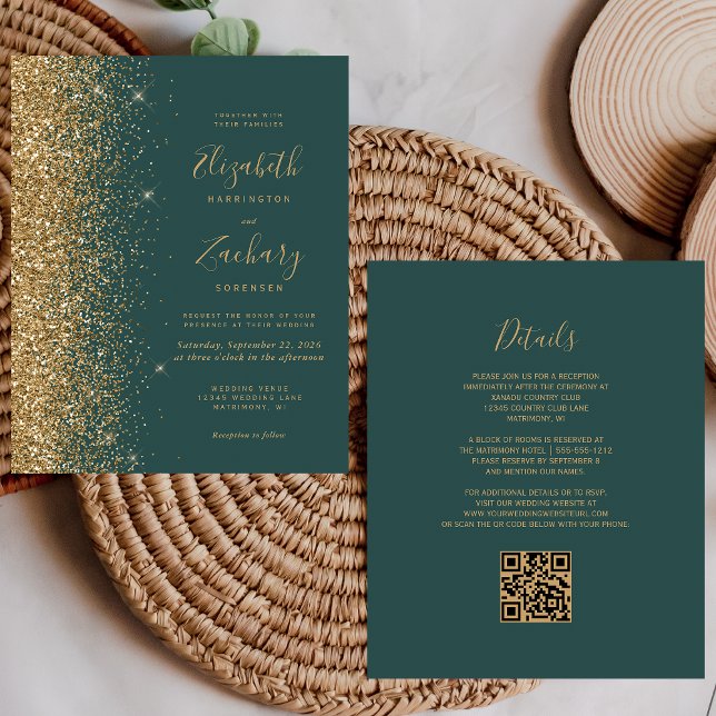 Budget Green Gold Glitter QR Code Wedding Invite (Creator Uploaded)