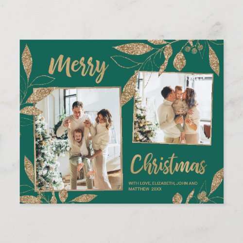 Budget Green Gold Leaves 2 Photo Christmas Card
