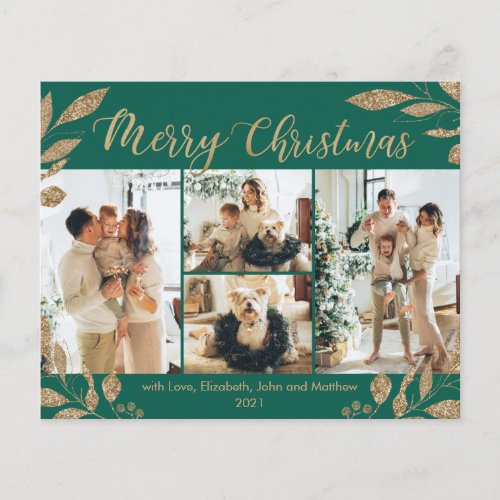 Budget Green Gold Leaves Photo Christmas Card
