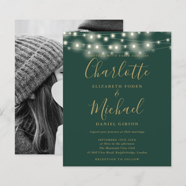 Budget Green Gold Lights Photo Wedding Invitation (Front/Back)