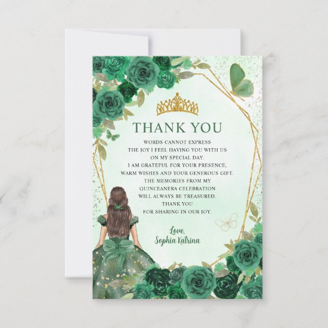 Budget Green Gold Princess Mis Quince Thank You Note Card (Front)