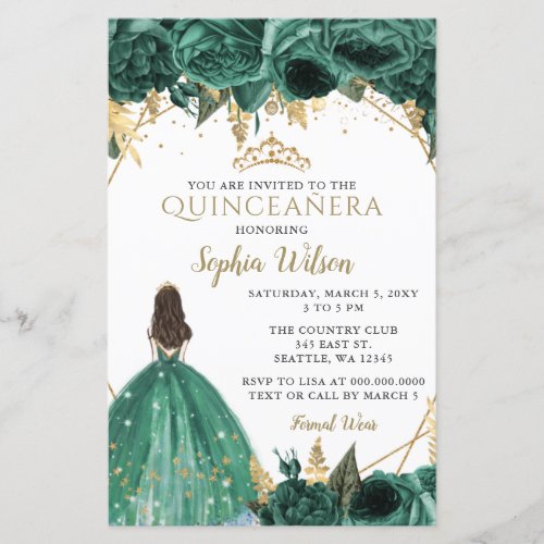 Budget Green Gold Princess Quinceaera Invitation