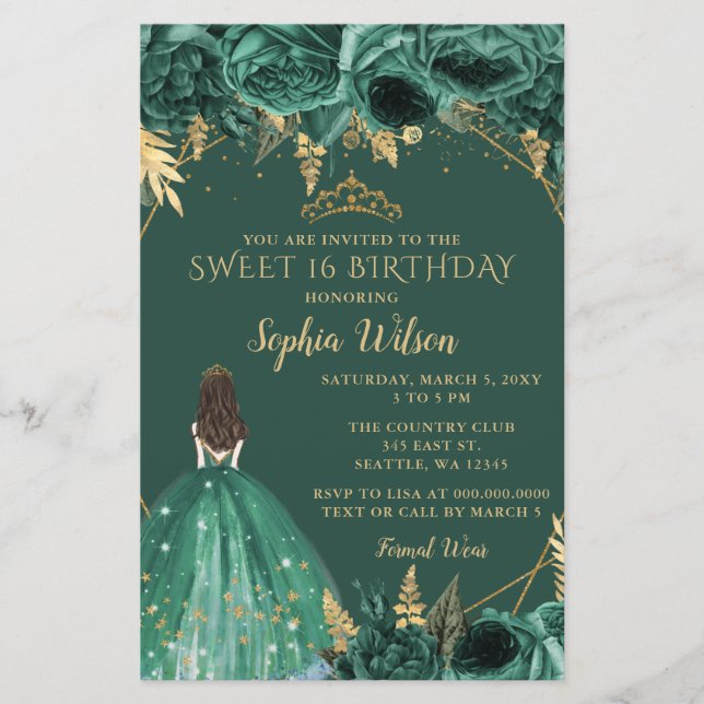 Budget Green Gold Princess Sweet 16 Invitation (Front)