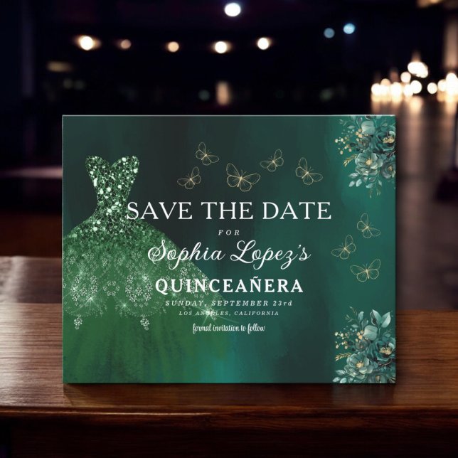 Budget Green Gold Quinceanera Save the Date Flyer (Creator Uploaded)