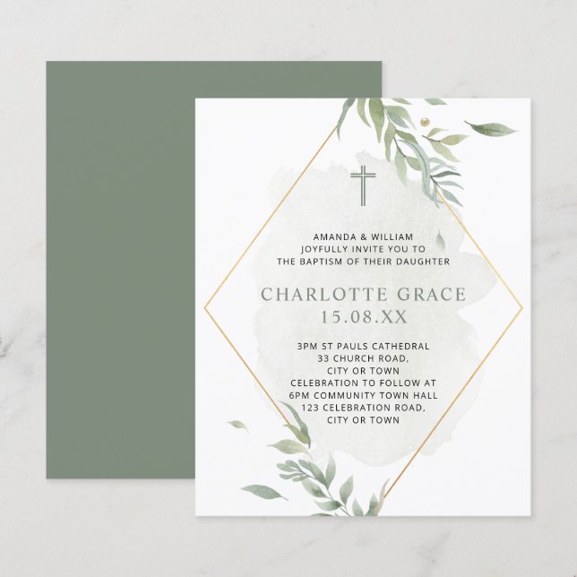 Budget Green & Gold Watercolor Foliage Baptism  (Front/Back)