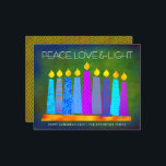 Budget Green Hanukkah Boho Candles Peace Love Card<br><div class="desc">“Peace, love & light.” A playful, modern, artsy illustration of boho pattern candles in a menorah helps you usher in the holiday of Hanukkah. Assorted blue candles with colorful faux foil patterns overlay a rich deep green textured background. Faux copper diamond pattern foil on a green background for the reverse...</div>