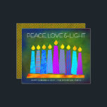 Budget Green Hanukkah Boho Candles Peace Love Card<br><div class="desc">“Peace, love & light.” A playful, modern, artsy illustration of boho pattern candles in a menorah helps you usher in the holiday of Hanukkah. Assorted blue candles with colorful faux foil patterns overlay a rich deep green textured background. Faux copper diamond pattern foil on a green background for the reverse...</div>