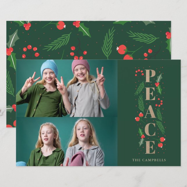 Budget Green Holly Berry Peace Photo Holiday Card (Front/Back)