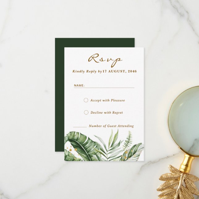 Budget Green Leaf Boho Greenery Wedding RSVP Cards (Front/Back In Situ)