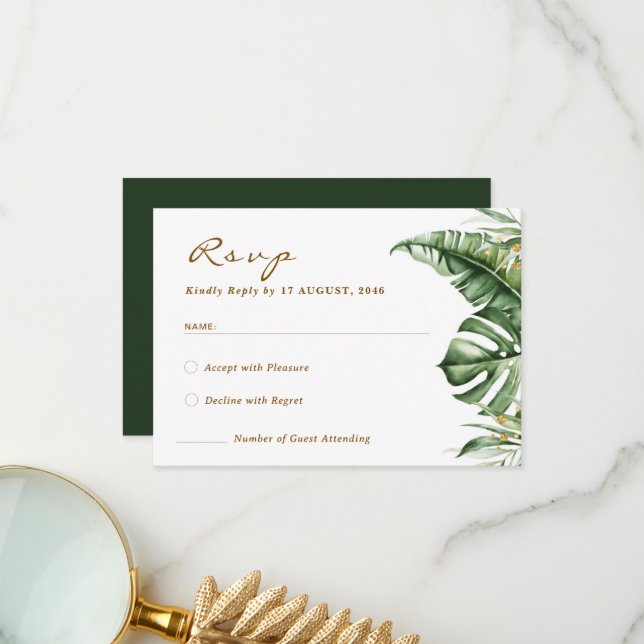 Budget Green Leaf Boho Greenery Wedding RSVP Cards (Front/Back In Situ)