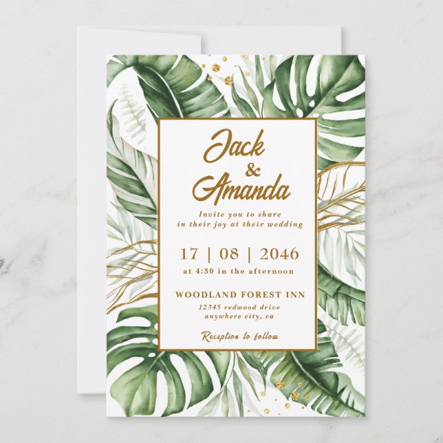 Budget Green Leaf Boho Wedding Invitation (Front)