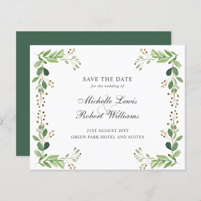BUDGET Green leaves Summer wedding SAVE THE DATE (Front/Back)