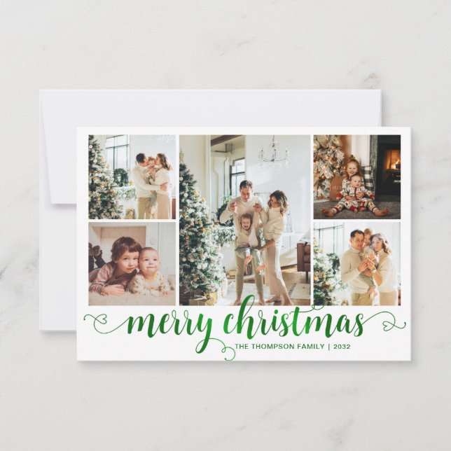 BUDGET Green Merry Christmas Heart Script 5 Photo Note Card (Front)