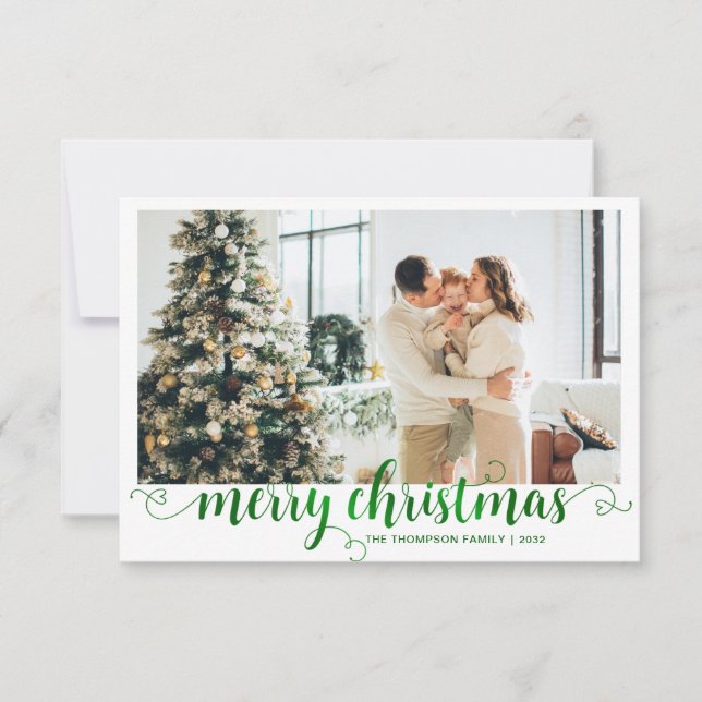 BUDGET Green Merry Christmas Heart Script Photo Note Card (Front)