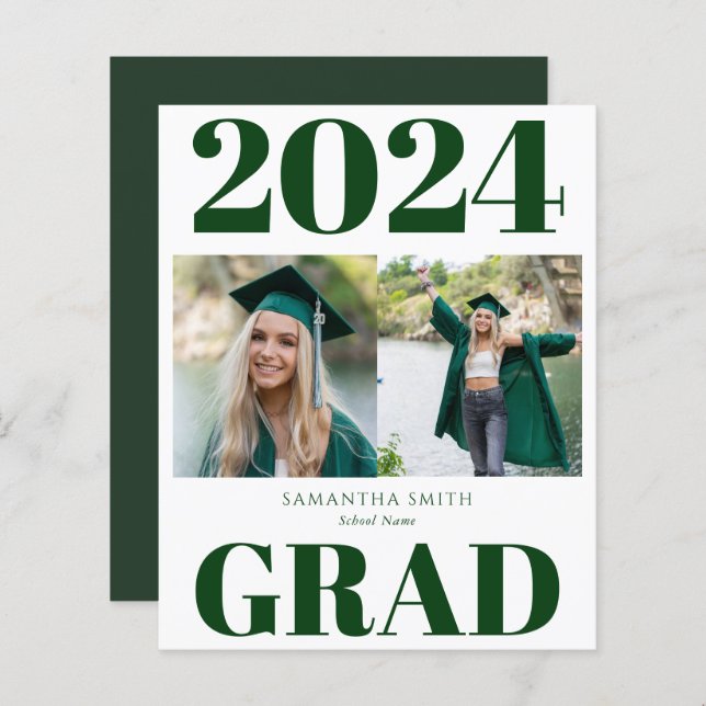 BUDGET Green Modern 2 Photo Grad Announcement Card (Front/Back)