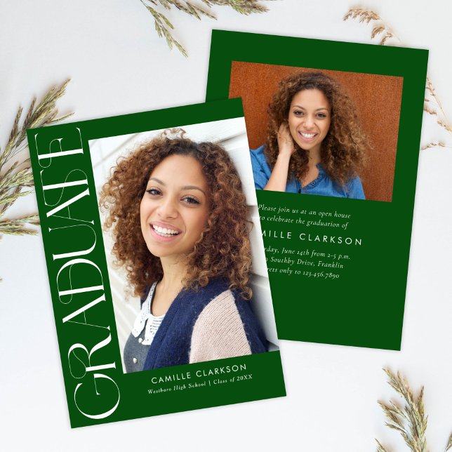 Budget Green Modern Vertical Two Photo Graduation Invitation (Creator Uploaded)