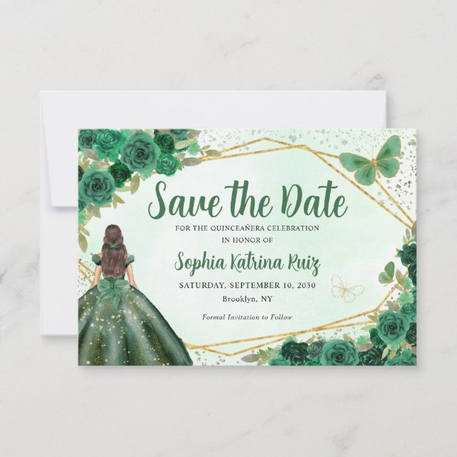 Budget Green Princess Quinceañera Save the Date Note Card (Front)