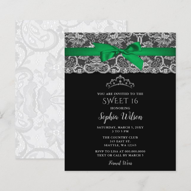 Budget Green Ribbon Lace Sweet 16 Invitation (Front/Back)