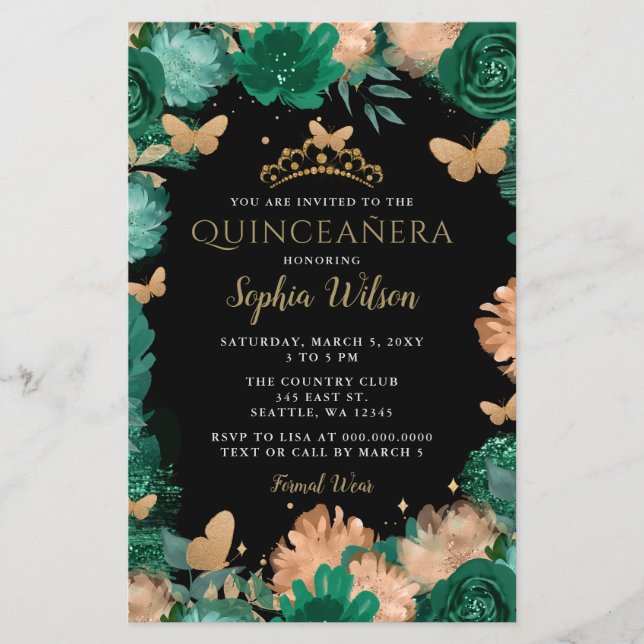 Budget Green Roses Gold Butterflies Quinceañera  (Front)