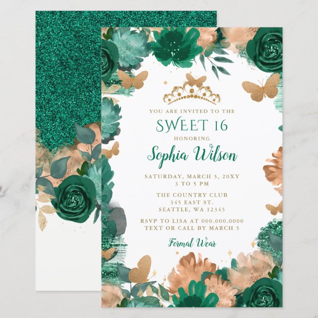 Budget Green Roses Gold Butterflies Sweet 16  (Front/Back)