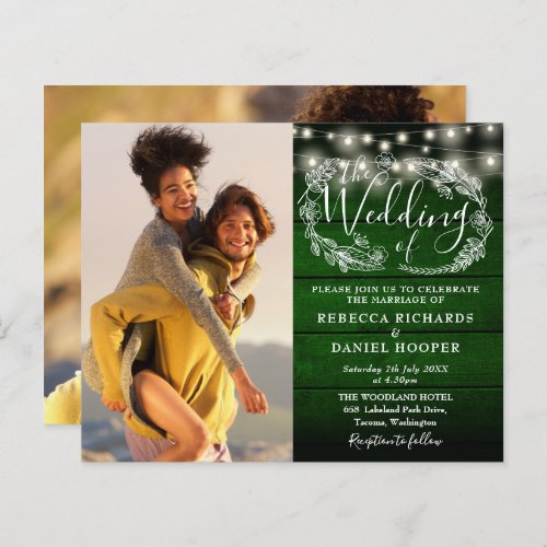 Budget Green Rustic Lights 2 Photo Wedding Invite