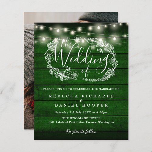 Budget Green Rustic Lights Photo Wedding Invite