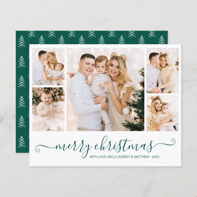 Budget Green Script 5 Photo Collage Christmas Card (Front/Back)