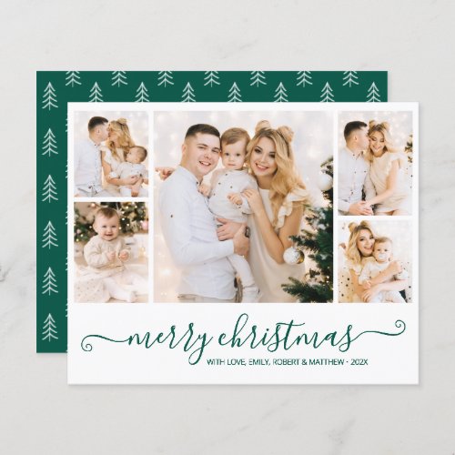 Budget Green Script 5 Photo Collage Christmas Card