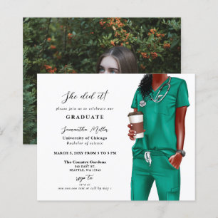 Budget Green Scrubs Nurse Photo Graduation Invite
