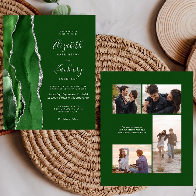 Budget Green Silver 4-Photo Wedding Invite (Creator Uploaded)
