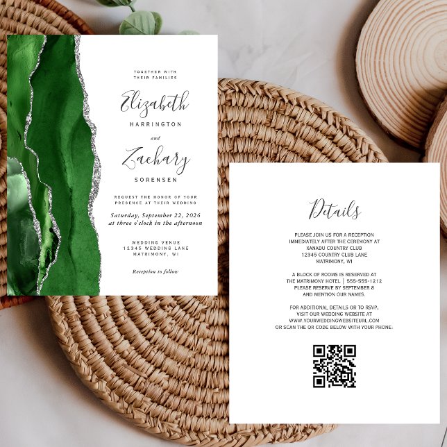 Budget Green Silver Agate QR Code Wedding Invite (Creator Uploaded)