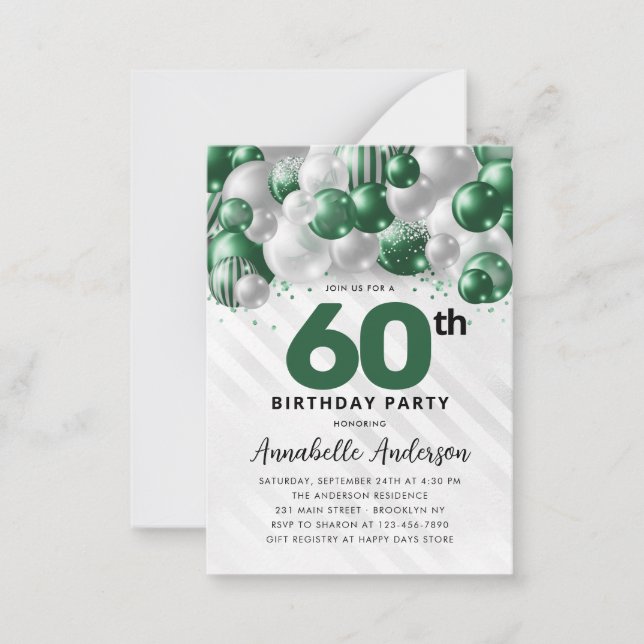 Budget Green Silver Balloon Glitter 60th Birthday Note Card (Front)