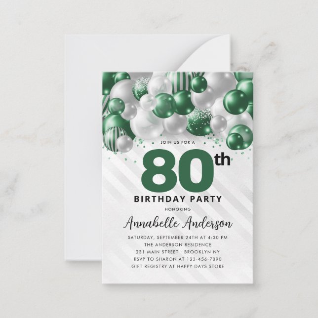 Budget Green Silver Balloon Glitter 80th Birthday Note Card (Front)