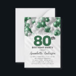 Budget Green Silver Balloon Glitter 80th Birthday Note Card<br><div class="desc">Modern Glam Emerald Green Silver Balloon Glitter Sparkle Any Age Birthday Invitation</div>