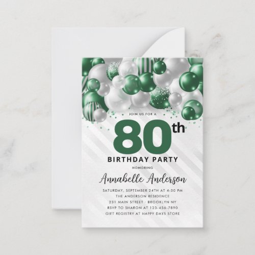 Budget Green Silver Balloon Glitter 80th Birthday Note Card
