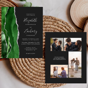 Budget Green Silver Dark 4-Photo Wedding Invite