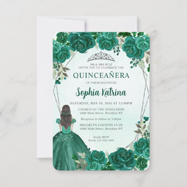 Budget Green Silver Floral Princess Quinceañera Note Card (Front)