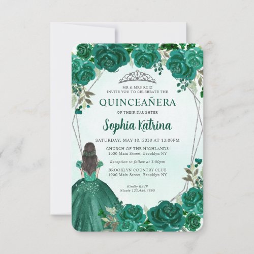 Budget Green Silver Floral Princess Quinceaera Note Card