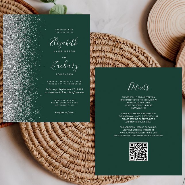 Budget Green Silver Glitter QR Code Wedding Invite (Creator Uploaded)