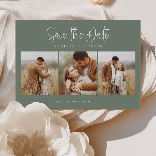 Budget Green Simple Calligraphy Script Four Photo Save The Date