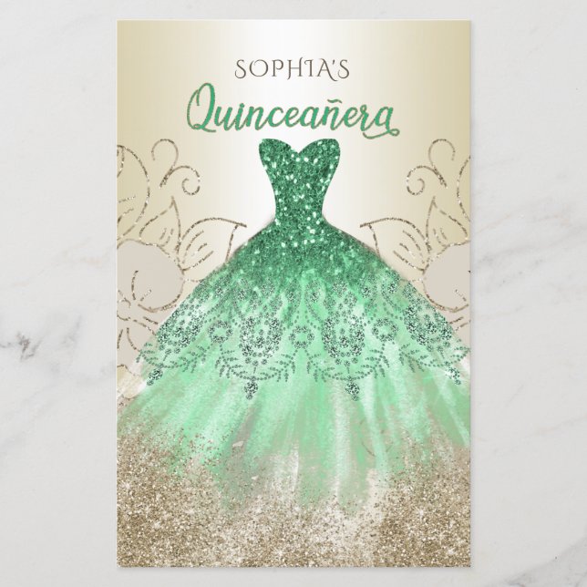 Budget Green Sparkle Dress Quinceañera Invitation (Front)
