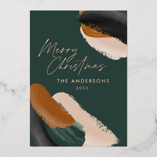 budget green terracotta modern minimal watercolor foil holiday card (Front)