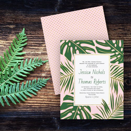 BUDGET Green tropical leaves wedding invitation