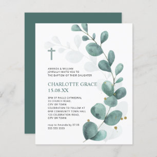 Budget Green Watercolor Eucalyptus Baptism Invite